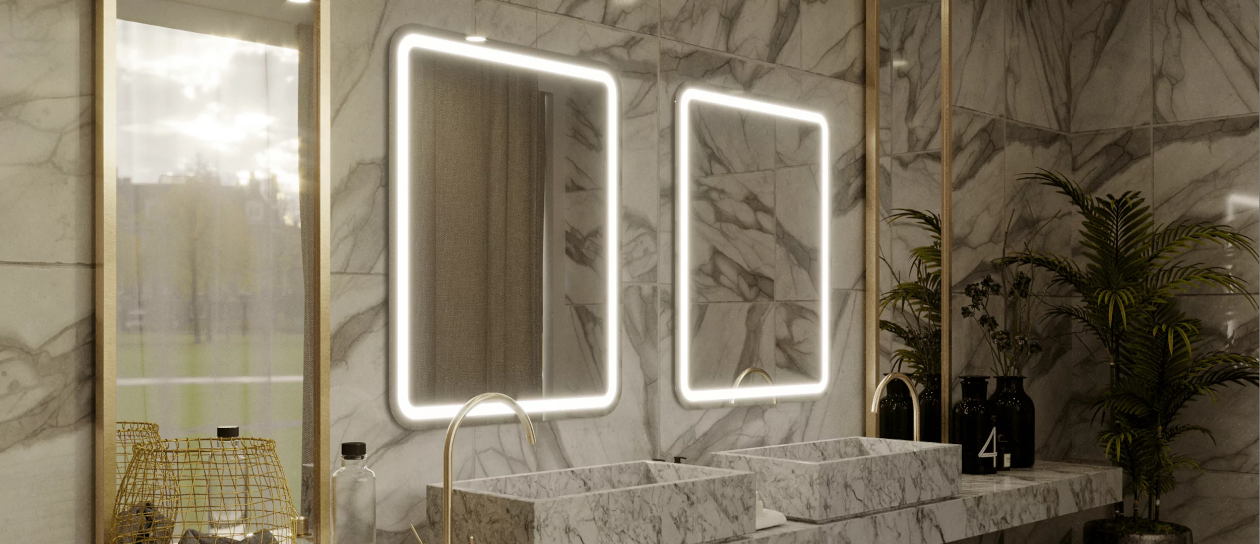 Bathroom with marble tiled wall and sinks with a wall mounted vanity mirror in Sharjah.