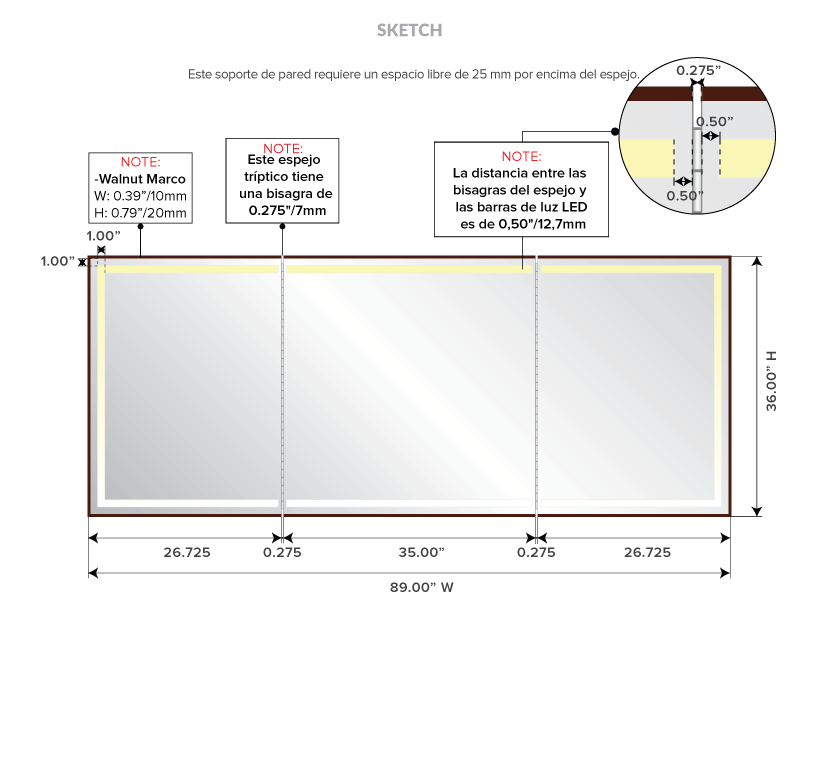 Drawing of a trifold walnut frame of the lighted mirror showing its dimensions.