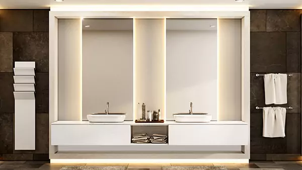 Tiny of two Grand Mirrors with backlit were installed in a roomy and elegant bathroom sink in Oman.