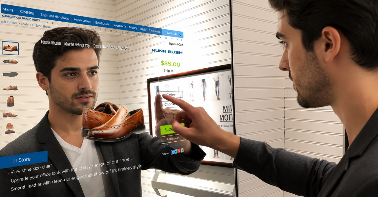 Un hombre utiliza un espejo interactivo con pantalla de televisión en una tienda para seleccionar la talla de zapatos y ver los detalles del producto en Aguadulce.