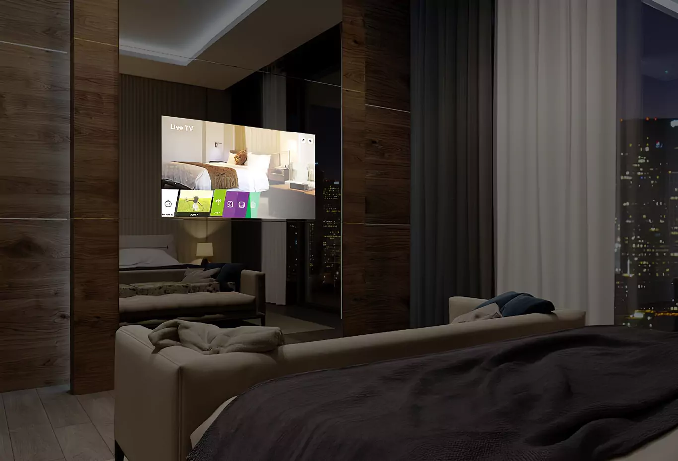 Un elegante televisor con espejo montado en la pared en una habitación del hotel Antón.