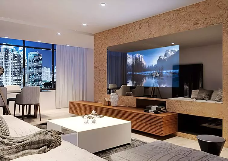 Televisor espejo de pared con diseño moderno, incluye sofá, mesa cómoda y vistas panorámicas al exterior en Changuinola.
