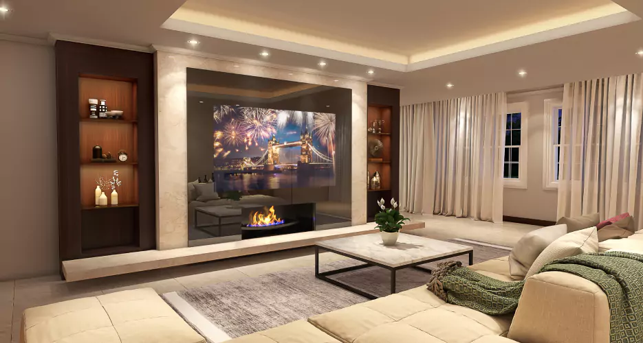 Sala de estar de lujo con televisor espejo sobre chimenea moderna y vistas a los fuegos artificiales en Puerto Armuelles.