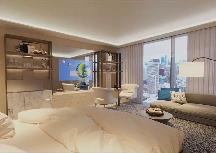 Televisor con espejo para habitaciones de hotel con vistas panorámicas al exterior, ubicado en Panamá.
