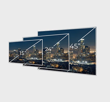 Tres tamaños de TV espejo (15", 24", 45") mostrando el horizonte de la ciudad, opciones disponibles en Penonomé.