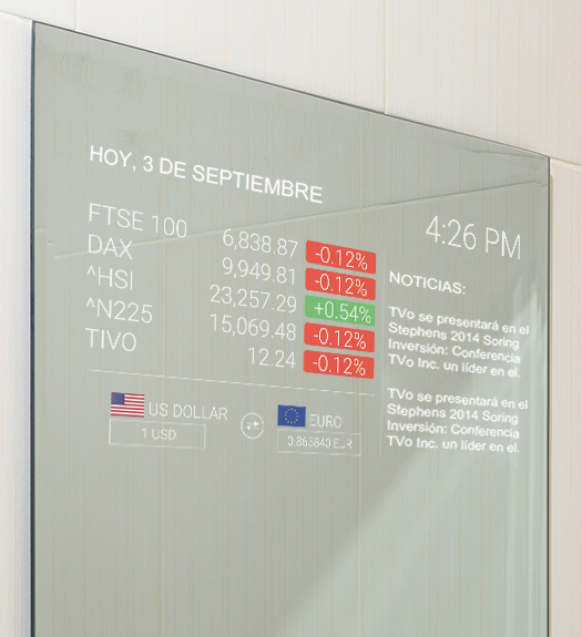 Image showcasing a mirror TV with a display showing stocks and weather information, providing a convenient and informative viewing experience.