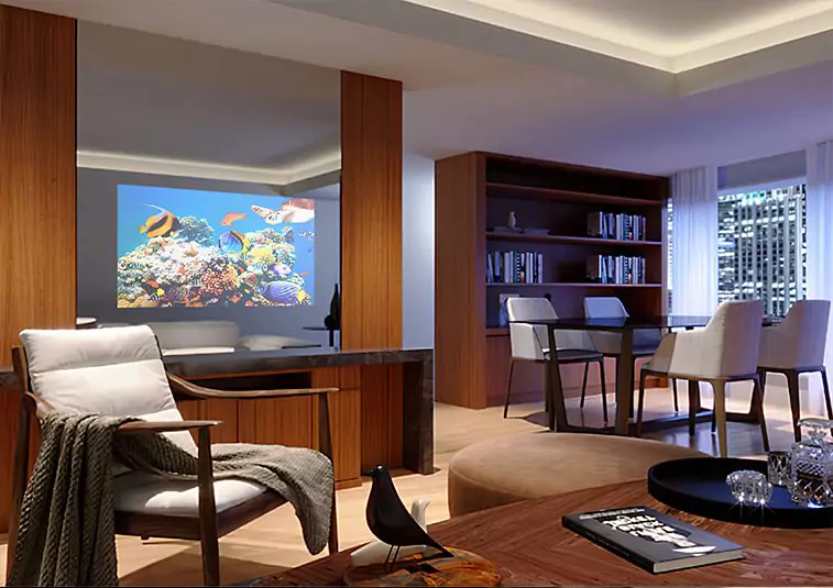 Televisor espejo para habitaciones de hotel en Aguadulce, que muestra la vida marina en una pantalla OLED.