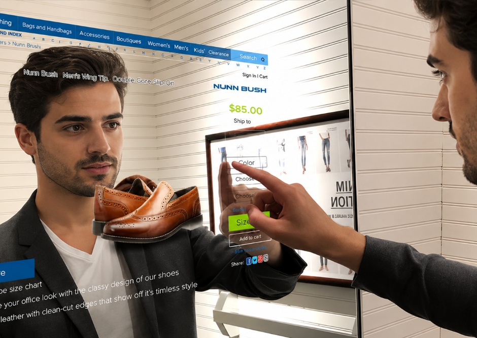 Reflejo de un chico tomando un pedido online de zapatos de cuero marrón.
