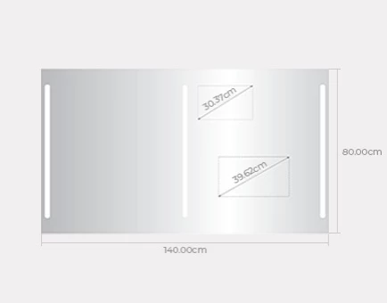 Technical drawing of a double sink mirror shows the width of 140cm and 80cm height sizes.