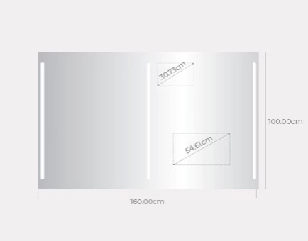 Technical drawing of a double sink mirror shows the width of 160cm and 100cm height sizes.