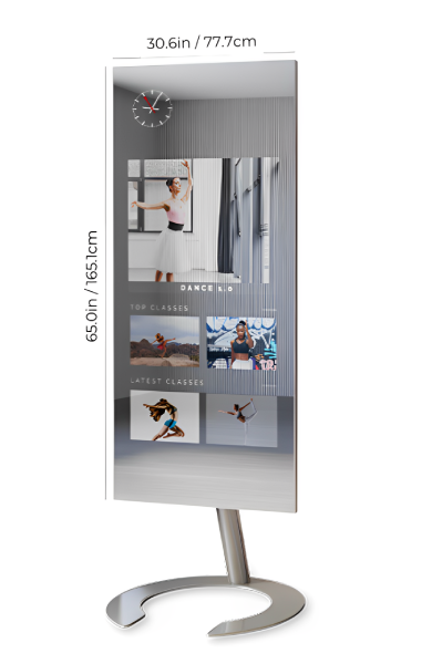 29 inches width and 74 inches length fitness mirror displaying dancing women on the screen.