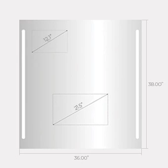 Drawing of a single sink mirror displays its width and height which are 36cm and 38cm.