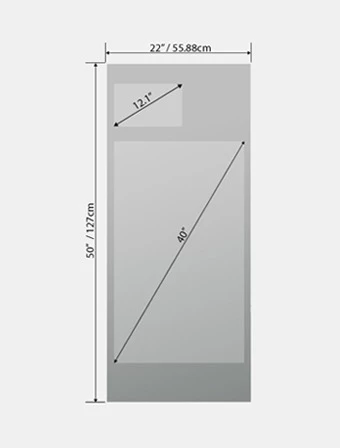 Technical drawing of a fitness mirror shows the height of 127cm and a width of 55.88cm.