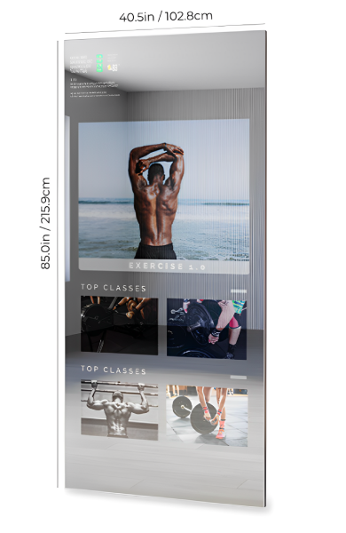 The screen of a 40 inch wide and 85 inch long fitness mirror TV shows muscular men working out.