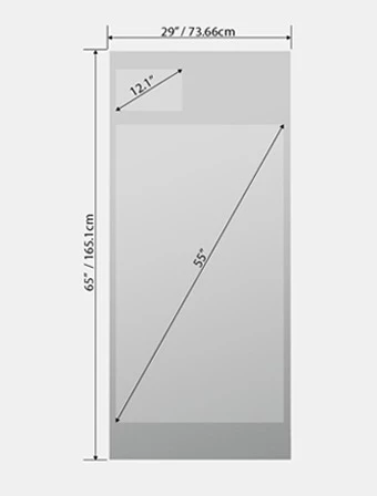 Technical drawing of a fitness mirror shows the height of 165.1cm and a width of 73.66cm.