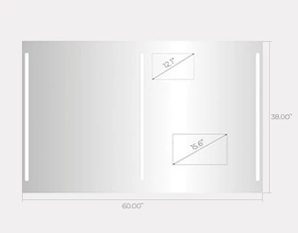 Technical drawing of a double sink mirror shows the width of 60cm and 38cm height sizes