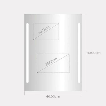 Technical drawing of a single sink mirror shows the width of 60cm  and 80cm height sizes.