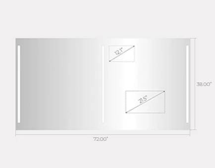Technical drawing of a double sink mirror shows the width of 72cm and 38cm height sizes.