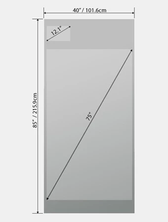 Technical drawing of a fitness mirror shows the height of 215.9cm and a width of 101.6cm.