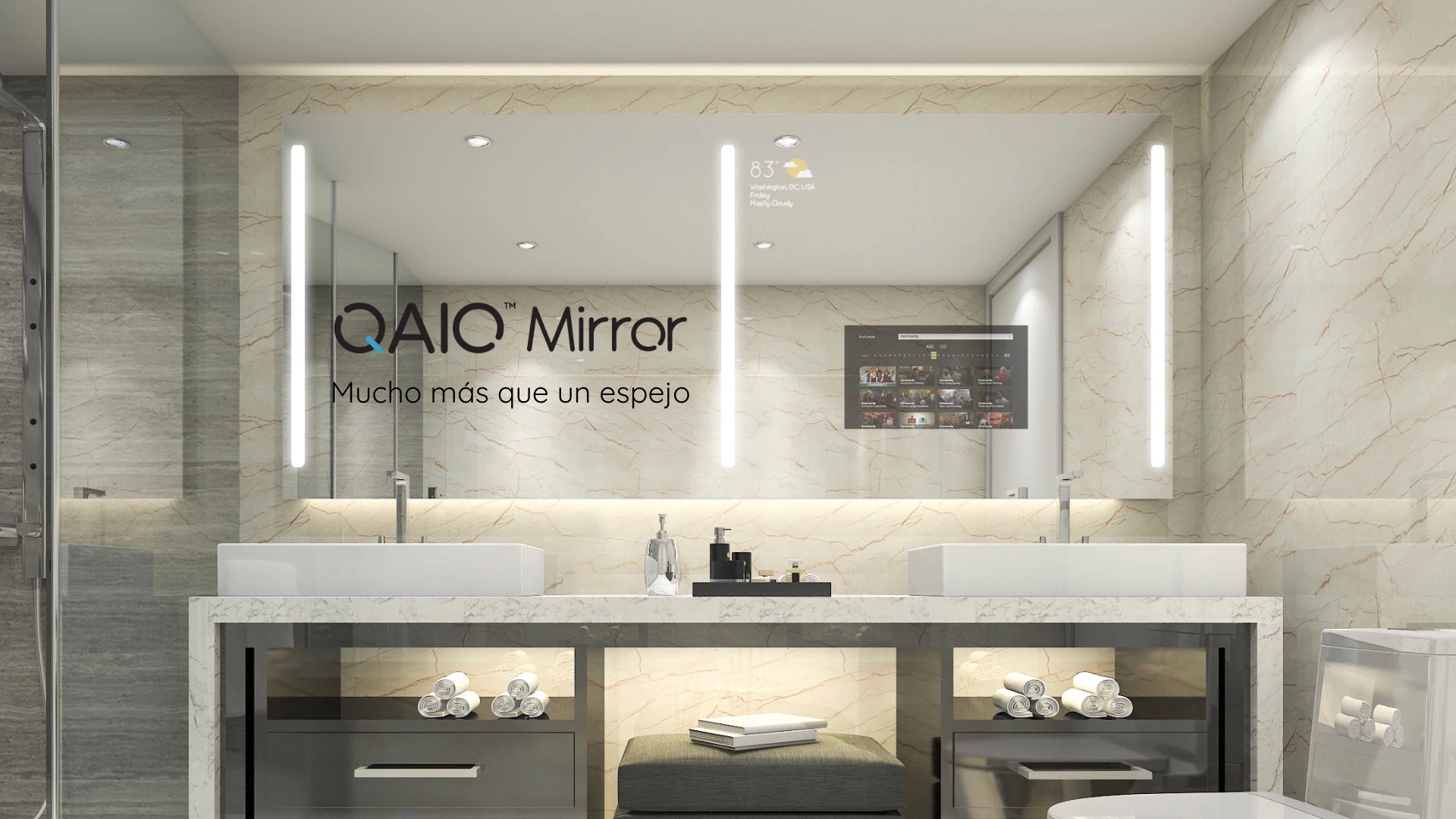 A whole bathroom set with a double sink and a smart mirror TV.