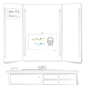 Sketch of bathroom with a sink and a trifold smart mirror TV.