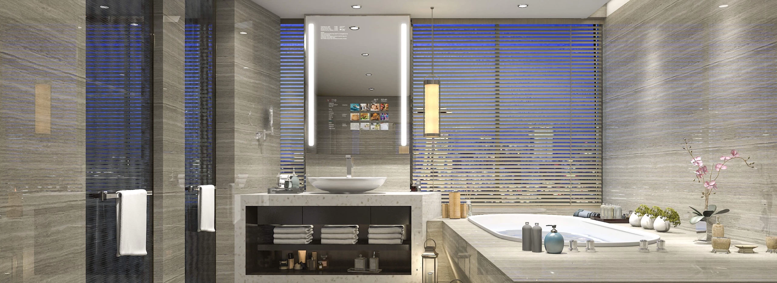 A whole set of bathroom with a single sink smart mirror and a bath tub on the right corner.