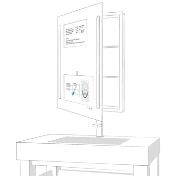 A drawing of a cabinet smart mirror TV displayed above a sink.