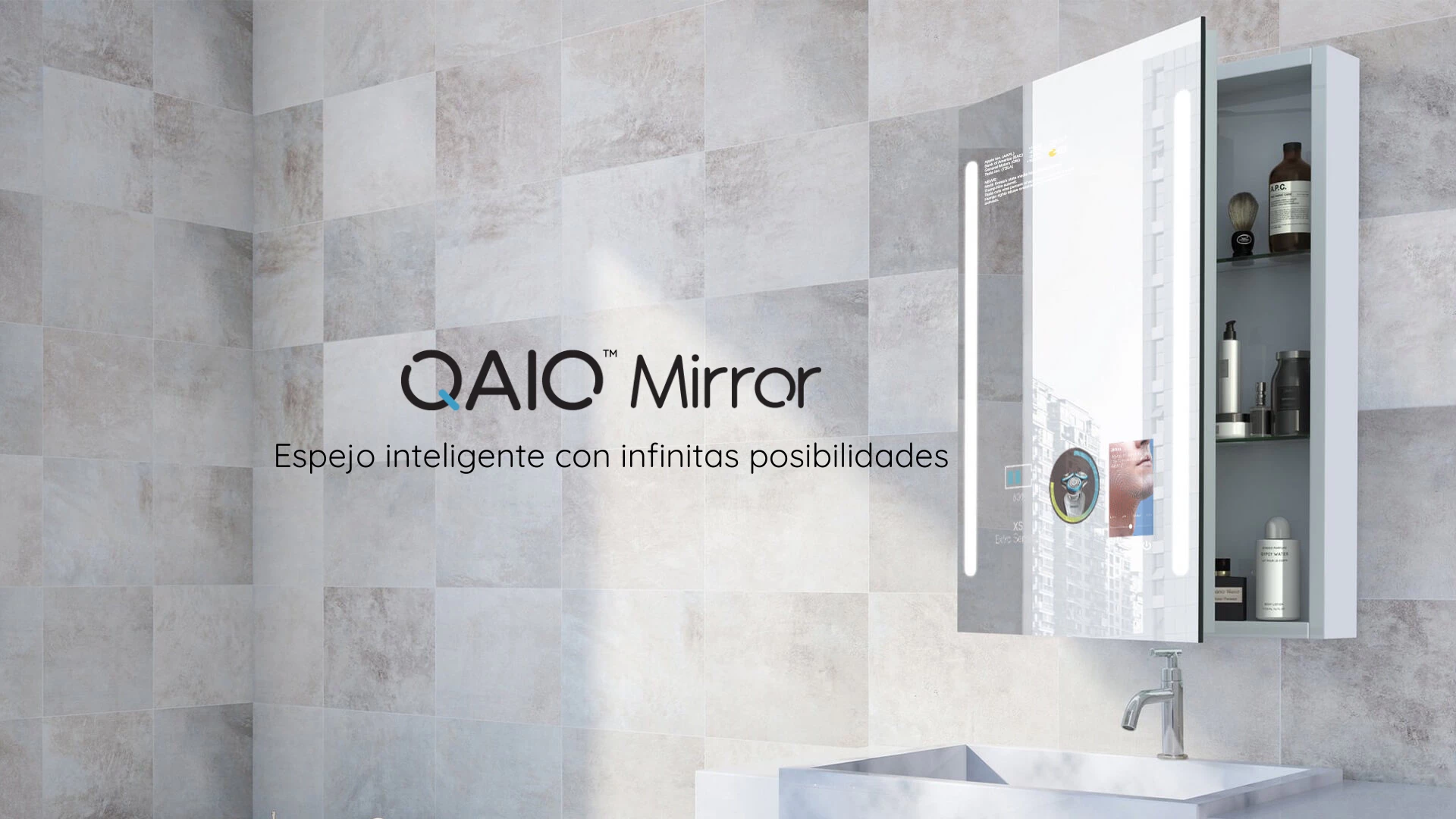 Bathroom with a display of a cabinet smart mirror TV.