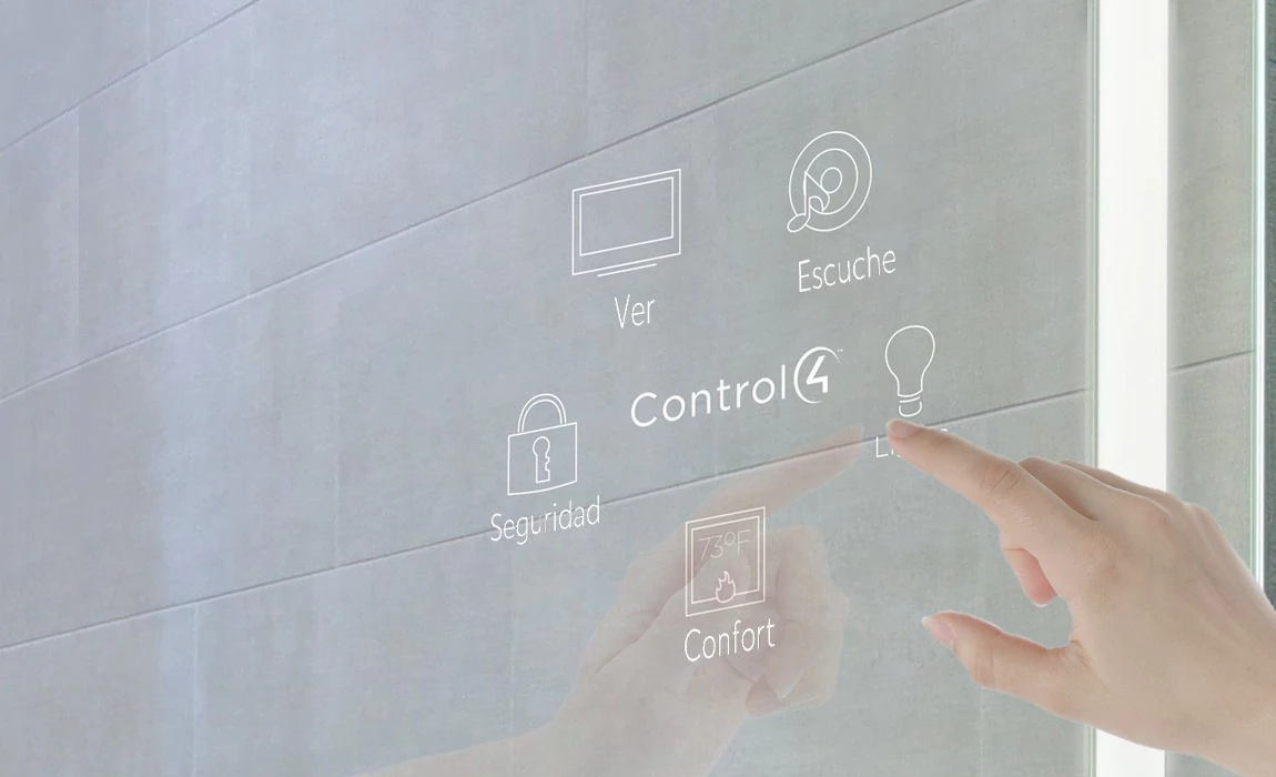 Touchscreen control panel that has a futuristic smart mirror showcases various icons.
