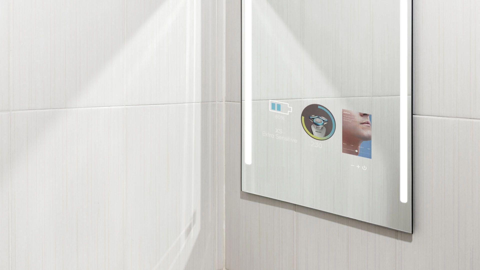 A bathroom mirror with a digital display showing facial features and battery percentage.