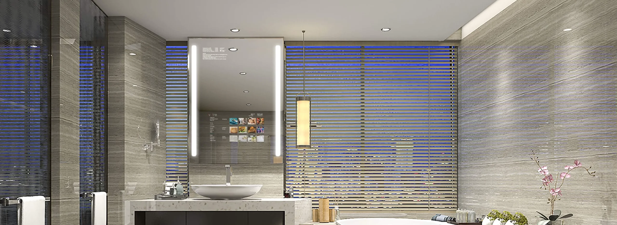 Luxurious bathroom featuring a spacious tub and a lighted smart mirror TV.