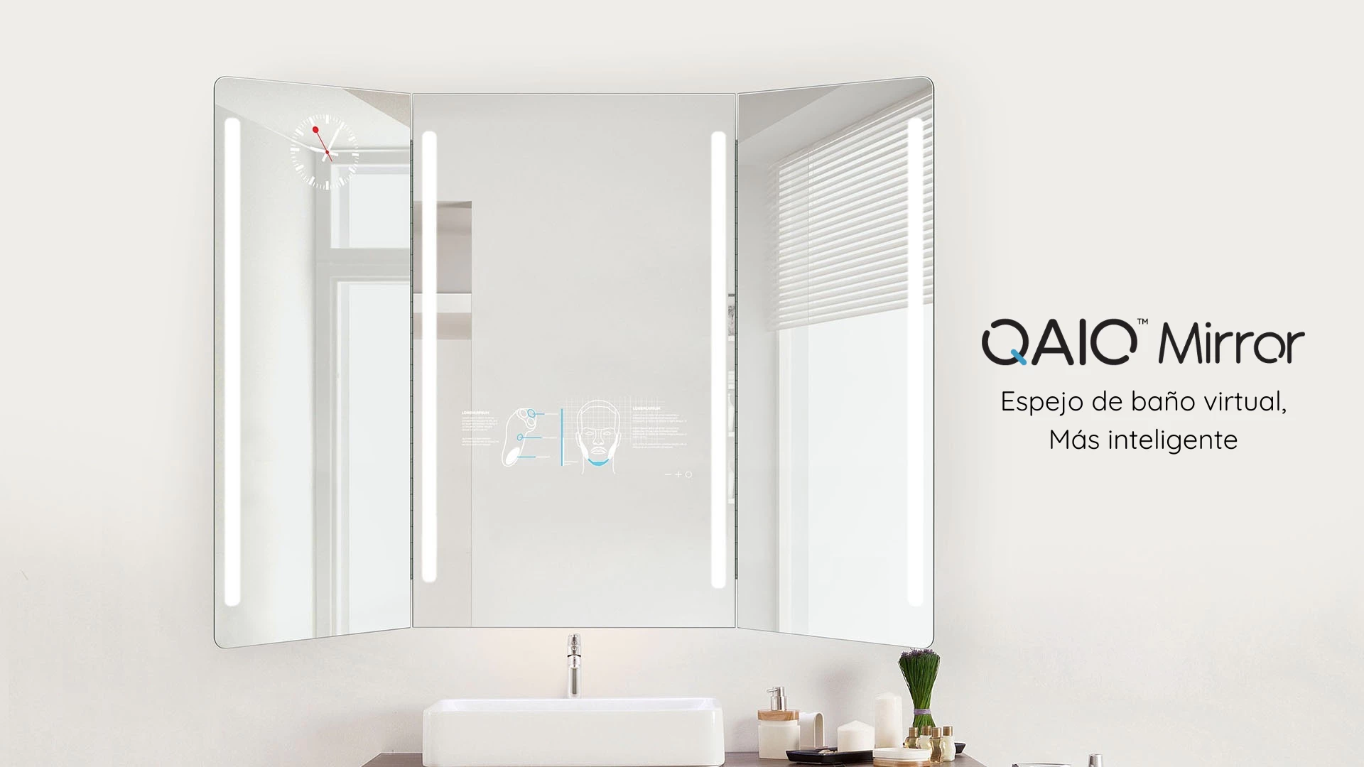 Illuminated trifold smart TV in a spacious bathroom.
