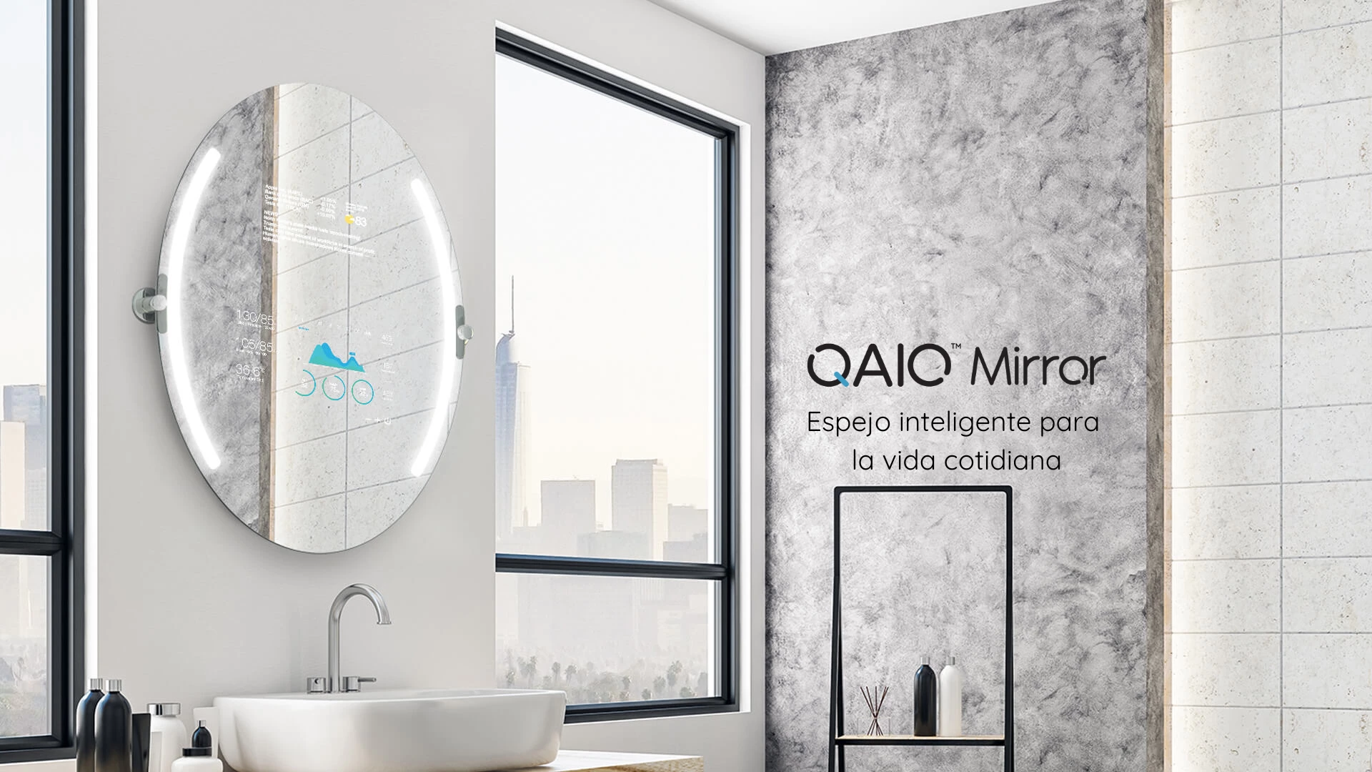 Lighted oval-shaped smart mirror TV bathroom display.