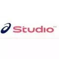Asics studio logo with blue small letter A and a word studio in red with white background.