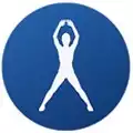 HIIT and cardio logo with a big blue circle and a white figure of a woman in yoga pose inside.