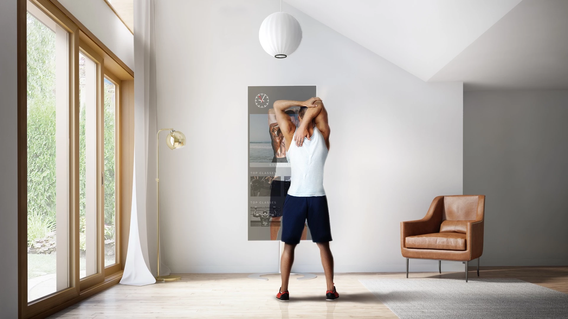 A man watching high-quality videos from a smart fitness mirror TV while doing his exercise.