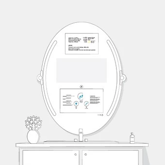 Sketch of oval mirror with LED light bars on white backdrop, featuring desirable functions.