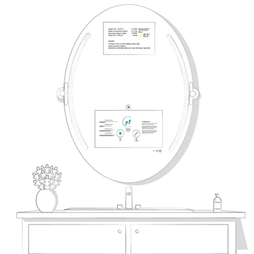 Outline of an oval smart mirror TV with a single sink.
