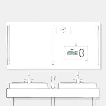 Sketch of a double sink mirror that displays features of time and fitness stats in white background.