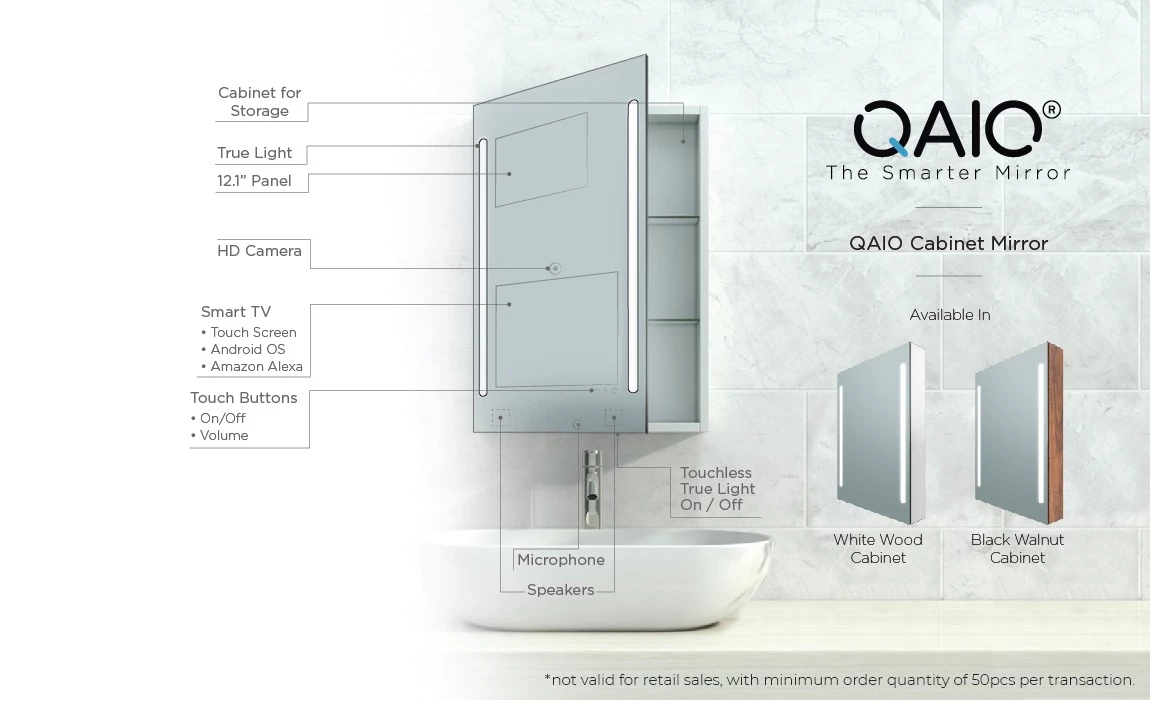 Cabinet smart mirror TV descriptive features and edges.