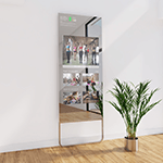 QAIO Flex fitness mirror lean-on mount in a gray-painted clean room with wooden floor thumbnail.