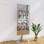 Fitness mirror in stand-alone mount with people doing physical activities on the screen logo.