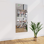 Wall-mounted Qaio flex fitness mirror with women doing physical activities on the screen logo.