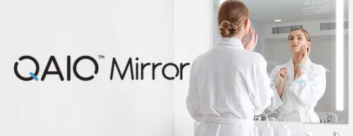 QAIO Mirror logo and a woman gazing at her reflection in a smart mirror.