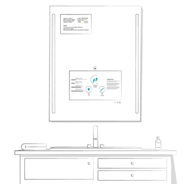 Drawing of a bathroom showing mirror and sink.