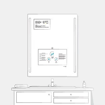 Sketch of a QAIO single sink mirror that has two light bars on each side with a white background.