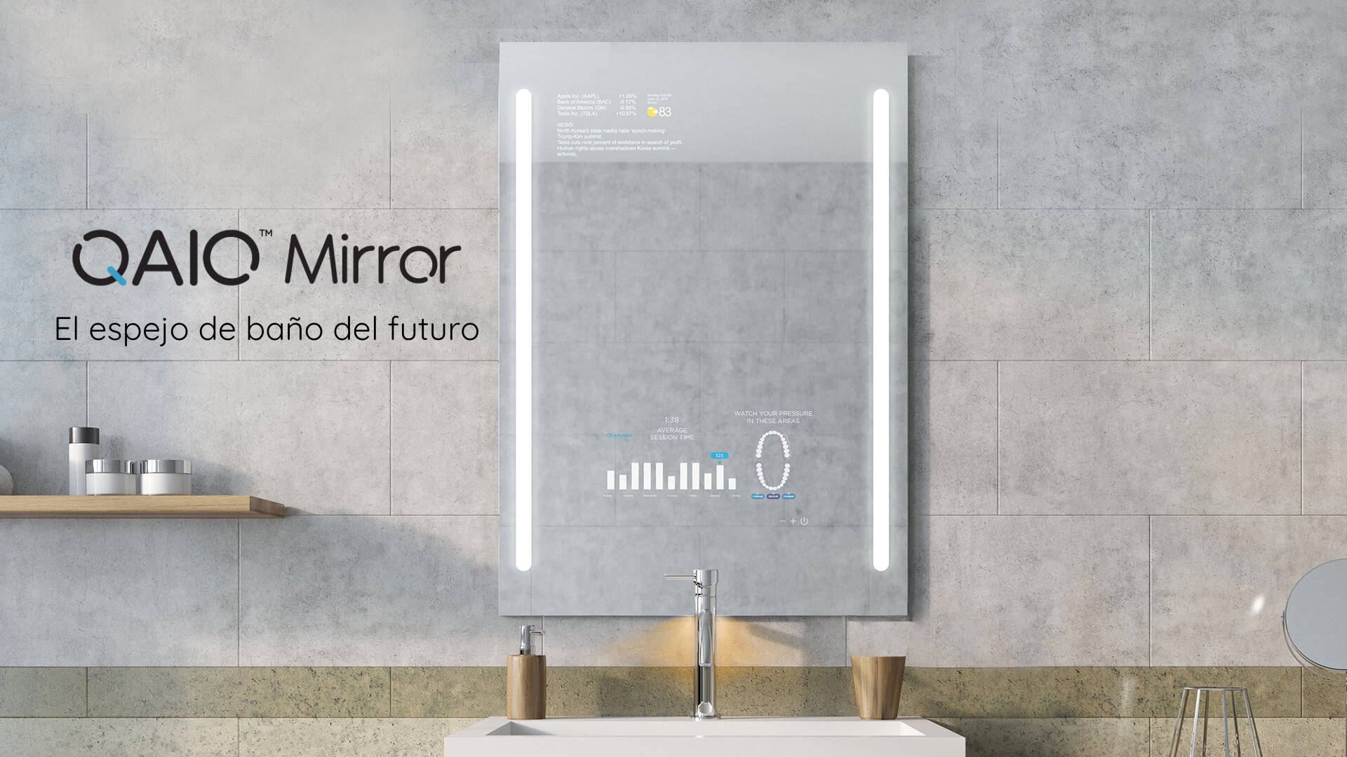 Modern bathroom with a smart mirror TV on a single sink.