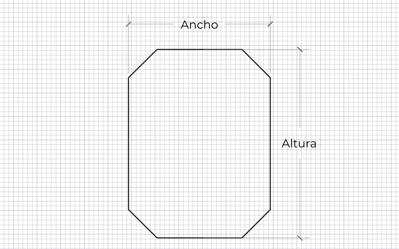 Sketch of an octagon on a white surface is characterized by its width and height.