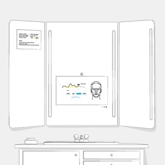 Sketch of trifold mirror with LED light bars on white background, featuring desirable functions.