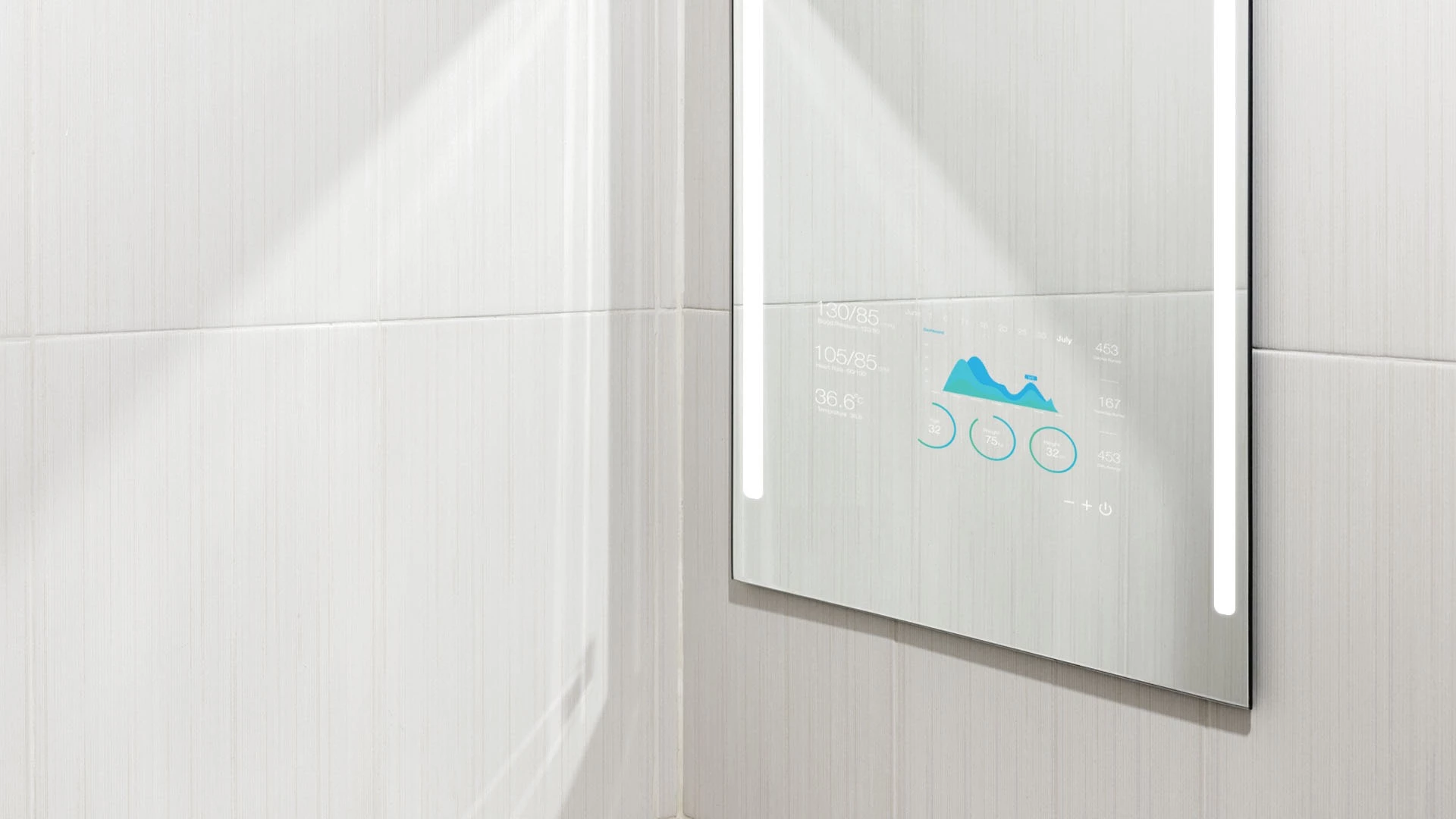 A bathroom smart mirror TV with a smart app that monitors blood pressure and temperature.